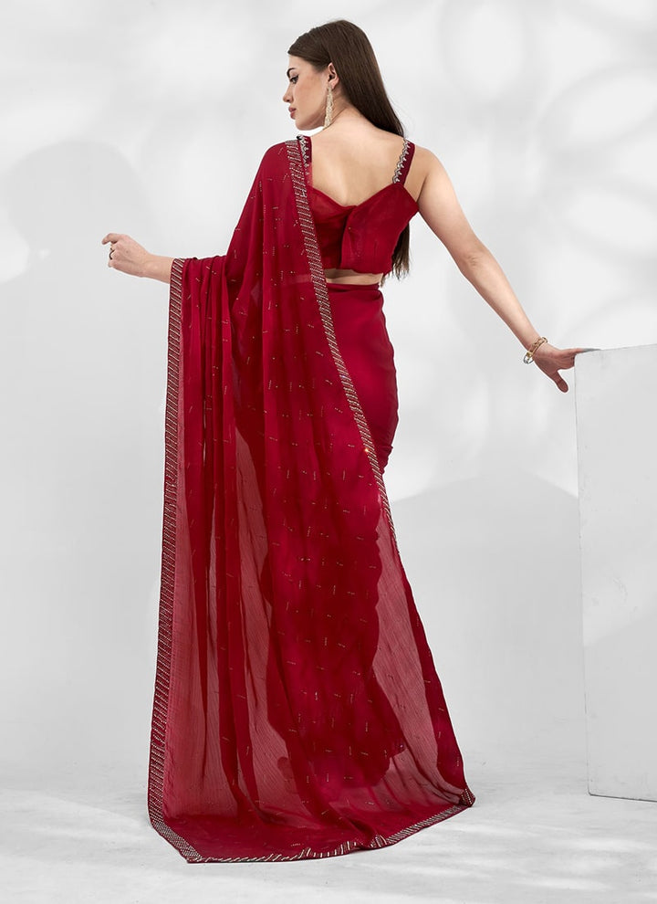 Lassya Fashion 0 Dark Red Elegant Partywear Chiffon with Satin Saree Set