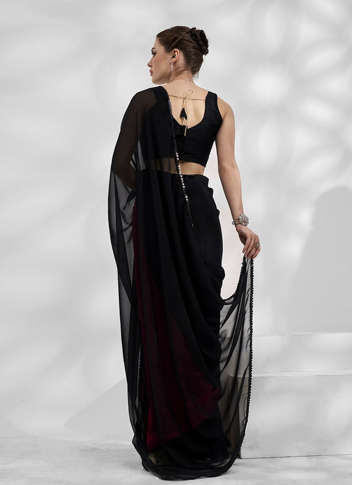 Lassya Fashion 0 Midnight Black Elegant Partywear Georgette Saree Set