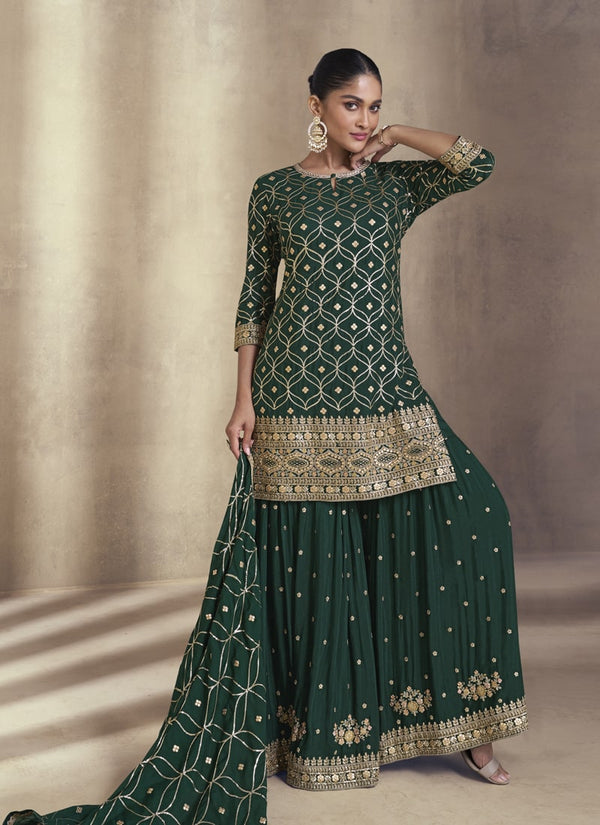 Lassya Fashion 0 Bottle Green Elegant Sharara Suit with Full Sleeves Embroidery