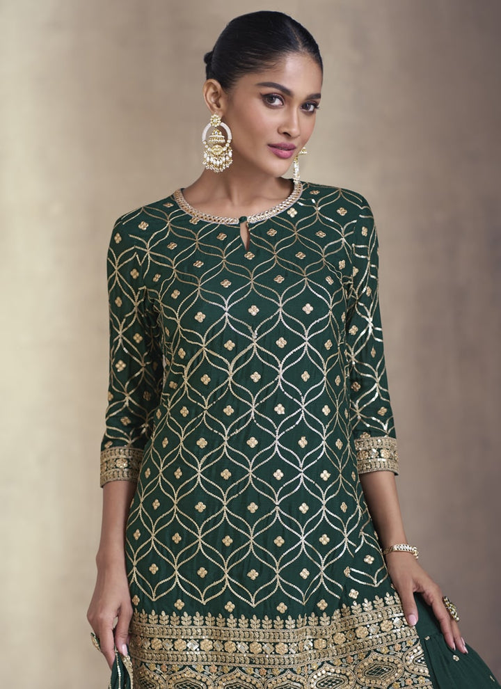 Lassya Fashion 0 Bottle Green Elegant Sharara Suit with Full Sleeves Embroidery