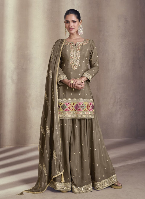 Lassya Fashion 0 Copper Brown Elegant Sharara Suit with Full Sleeves Embroidery