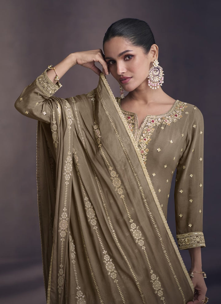 Lassya Fashion 0 Copper Brown Elegant Sharara Suit with Full Sleeves Embroidery