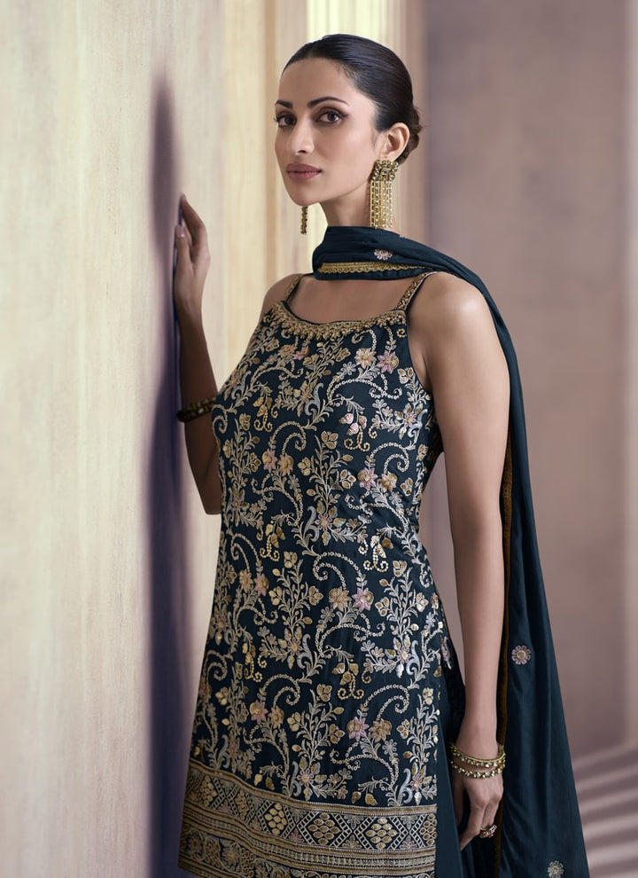 Lassya Fashion 0 Dark Teal Blue Elegant Sharara Suit with Full Sleeves Embroidery