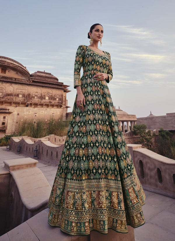 Lassya Fashion 0 Dark Green Elegant Wedding Wear Long Gown with Embroidered Dupatta