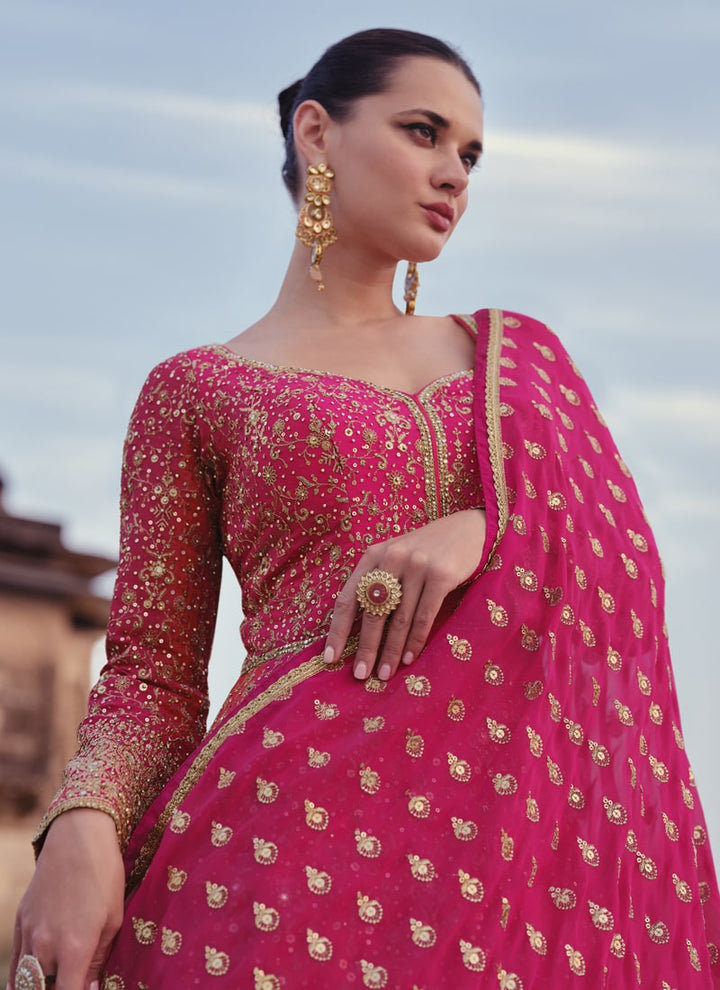 Lassya Fashion 0 Magenta Pink Elegant Wedding Wear Long Gown with Embroidered Dupatta