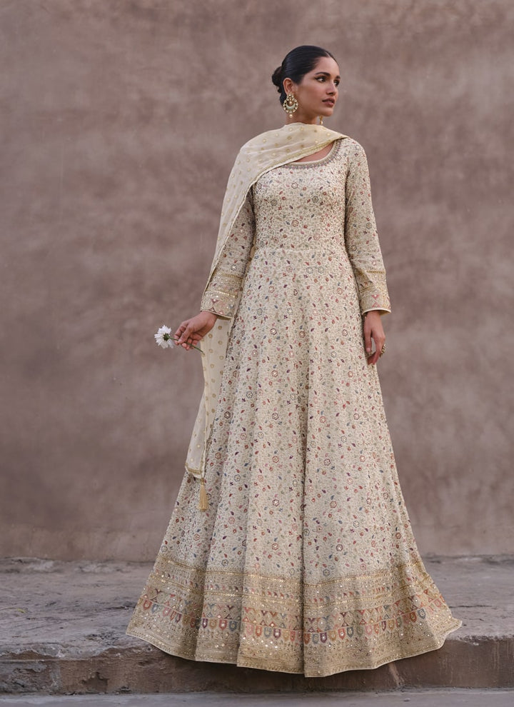 Lassya Fashion 0 Off White Elegant Wedding Wear Long Gown with Embroidered Dupatta