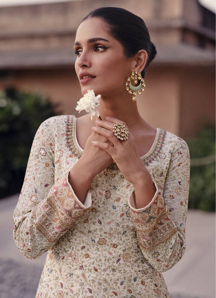 Lassya Fashion 0 Off White Elegant Wedding Wear Long Gown with Embroidered Dupatta