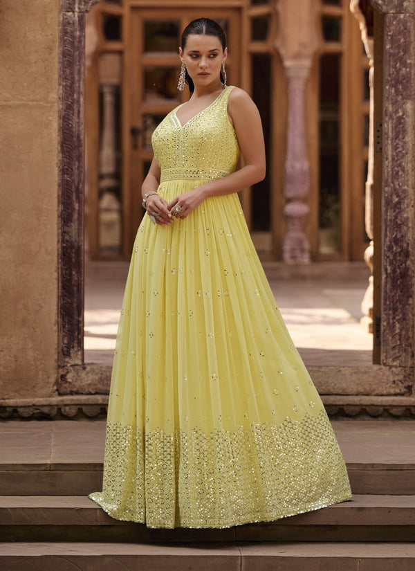 Lassya Fashion 0 Light Yellow Stunning Wedding Gowns with Embroidered Sleeves and Net Dupatta