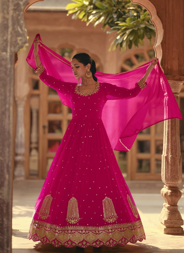 Lassya Fashion 0 Magenta Pink Stunning Wedding Gowns with Embroidered Sleeves and Net Dupatta
