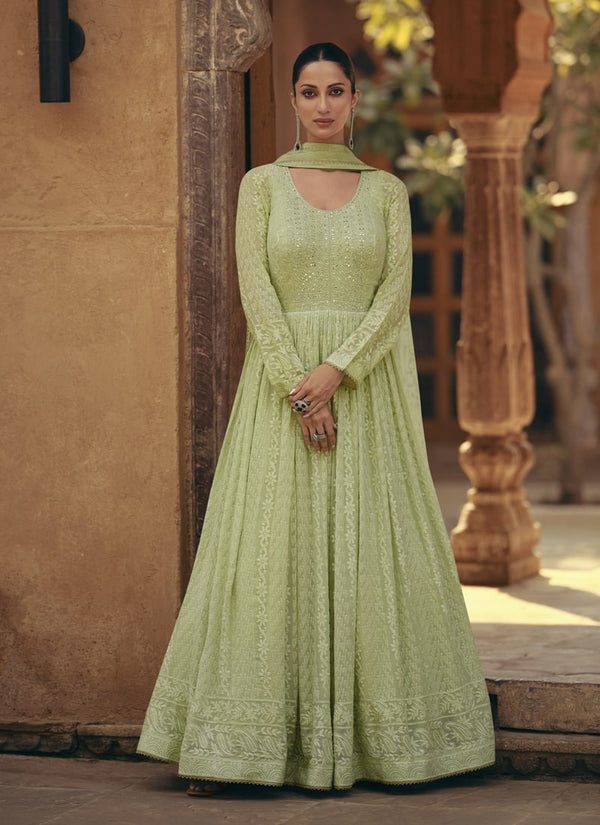 Lassya Fashion 0 Pista Green Stunning Wedding Gowns with Embroidered Sleeves and Net Dupatta
