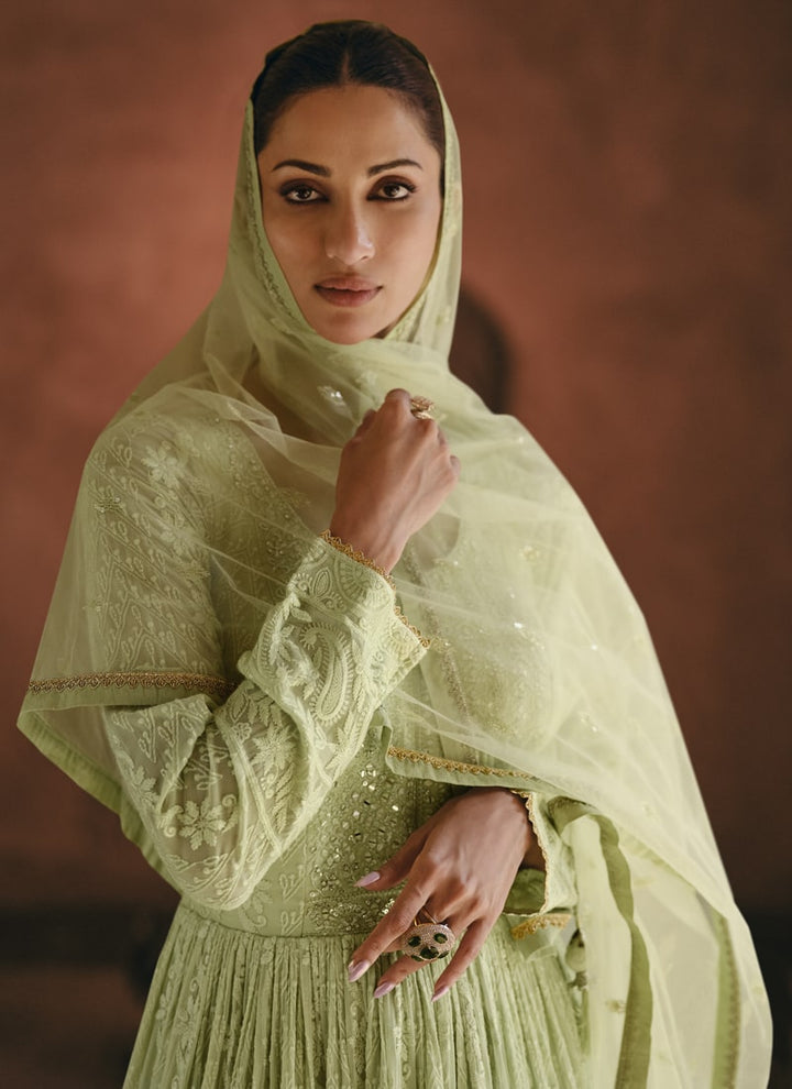 Lassya Fashion 0 Pista Green Stunning Wedding Gowns with Embroidered Sleeves and Net Dupatta