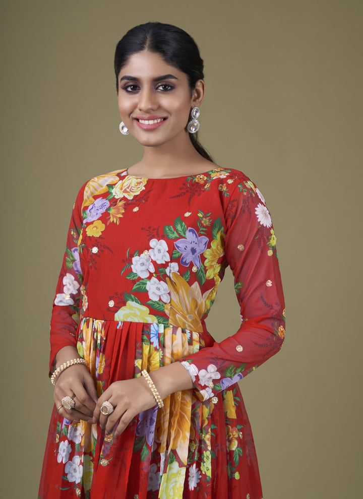 Lassya Fashion Red Chic Floral Print Anarkali Suit Set