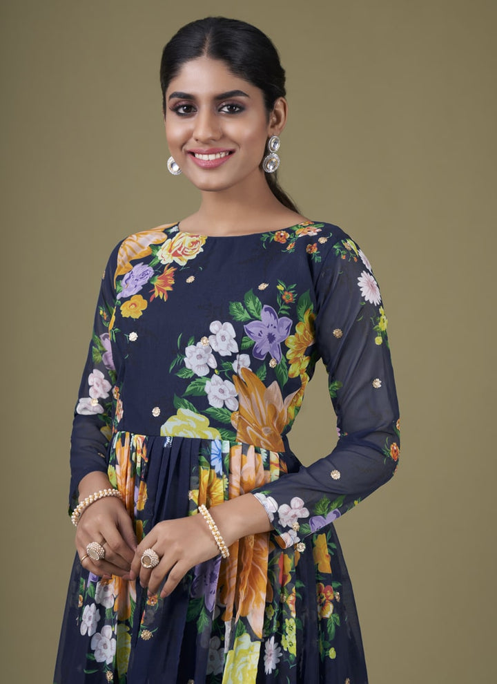 Lassya Fashion Navy Blue Chic Floral Print Anarkali Suit Set