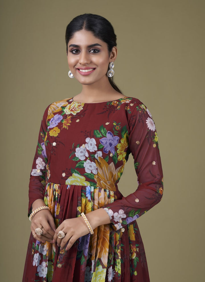 Lassya Fashion Brown Chic Floral Print Anarkali Suit Set