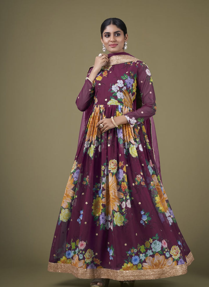 Lassya Fashion Purple Chic Floral Print Anarkali Suit Set