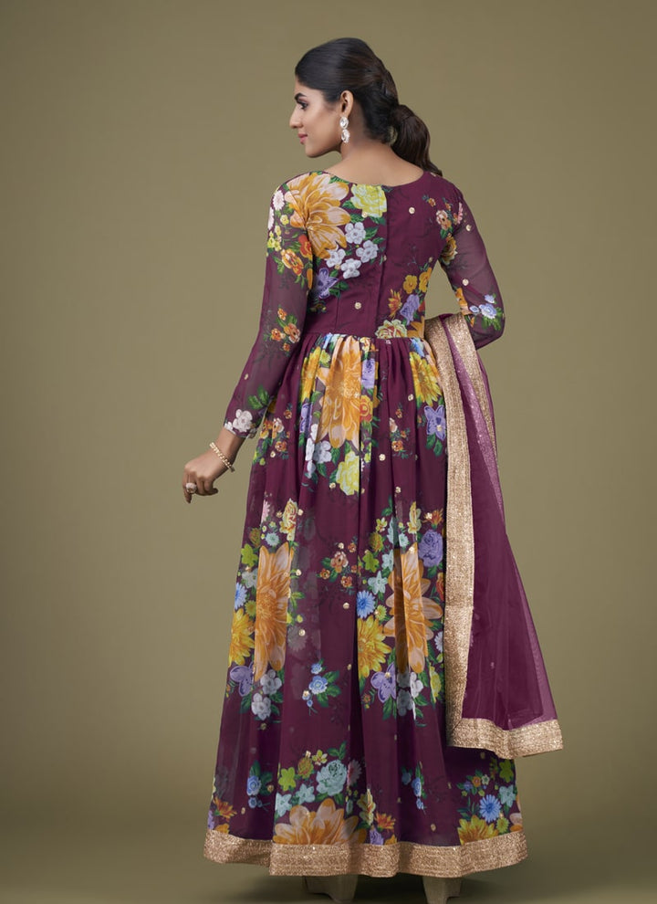 Lassya Fashion Purple Chic Floral Print Anarkali Suit Set