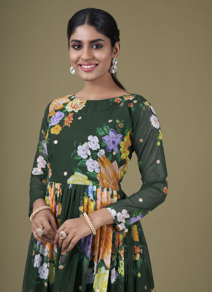Lassya Fashion Olive Green Chic Floral Print Anarkali Suit Set