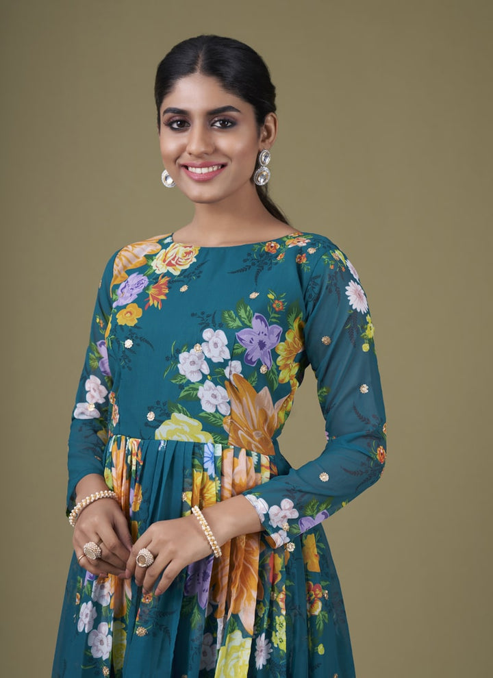 Lassya Fashion Teal Blue Chic Floral Print Anarkali Suit Set