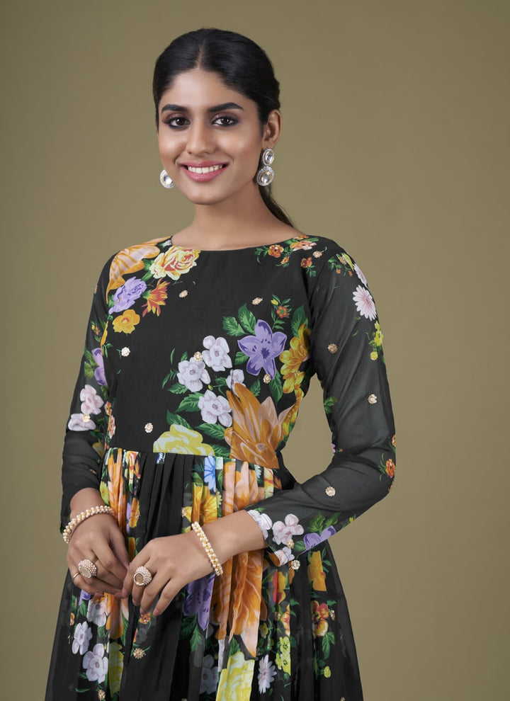 Lassya Fashion Black Chic Floral Print Anarkali Suit Set