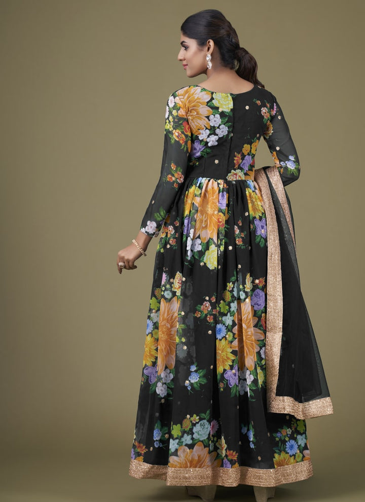 Lassya Fashion Black Chic Floral Print Anarkali Suit Set