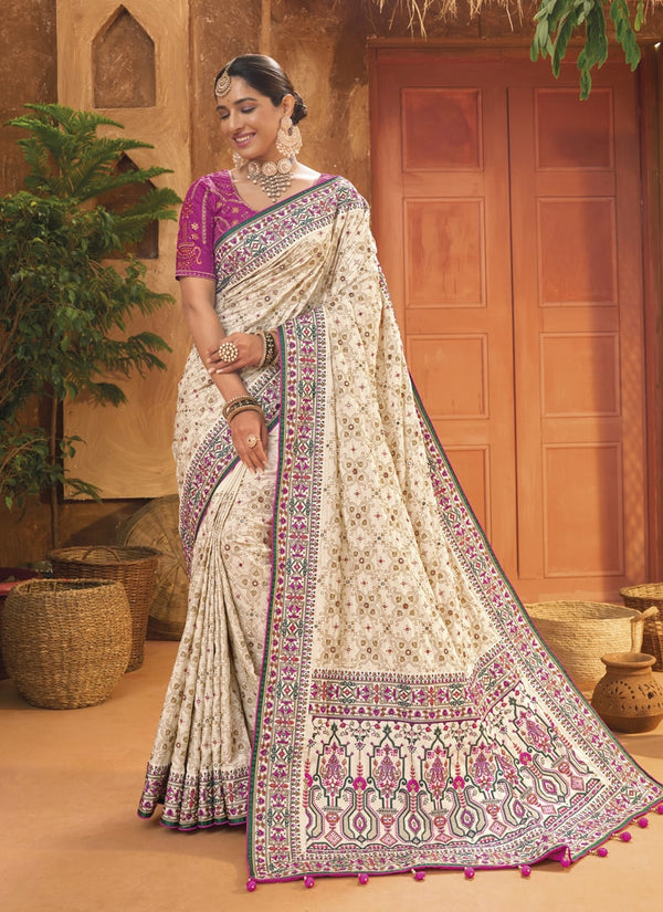 Lassya Fashion 0 Off White Exquisite Banarasi Silk Saree with Intricate Kachhi Work