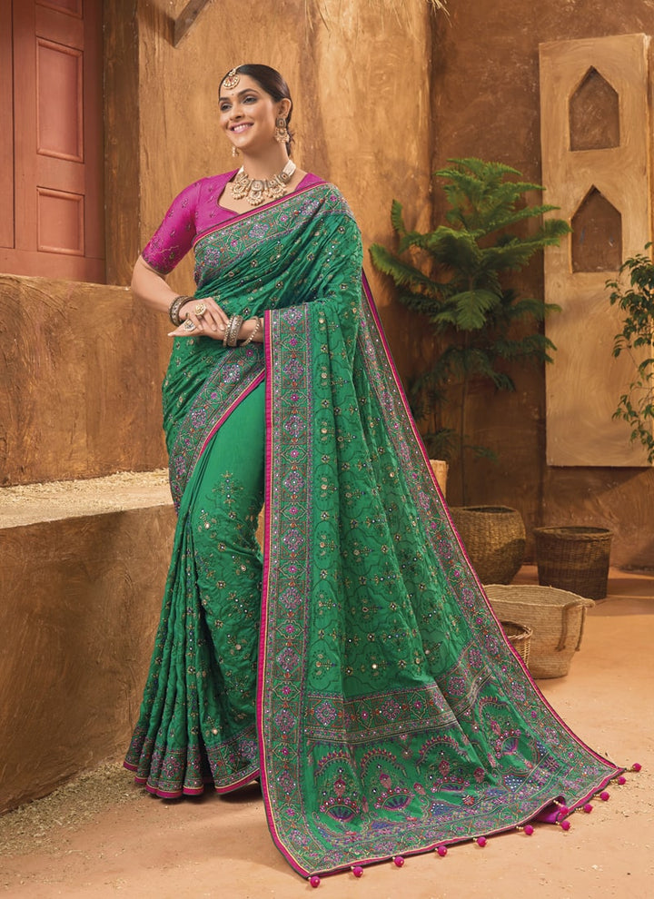 Lassya Fashion 0 Deep Green Exquisite Banarasi Silk Saree with Intricate Kachhi Work