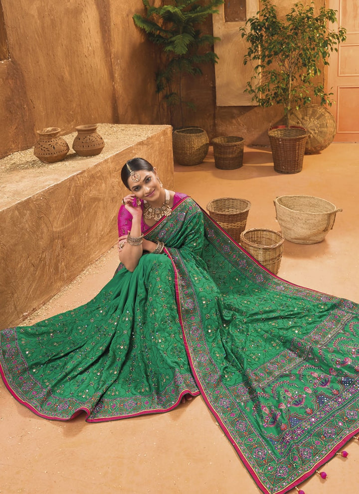 Lassya Fashion 0 Deep Green Exquisite Banarasi Silk Saree with Intricate Kachhi Work