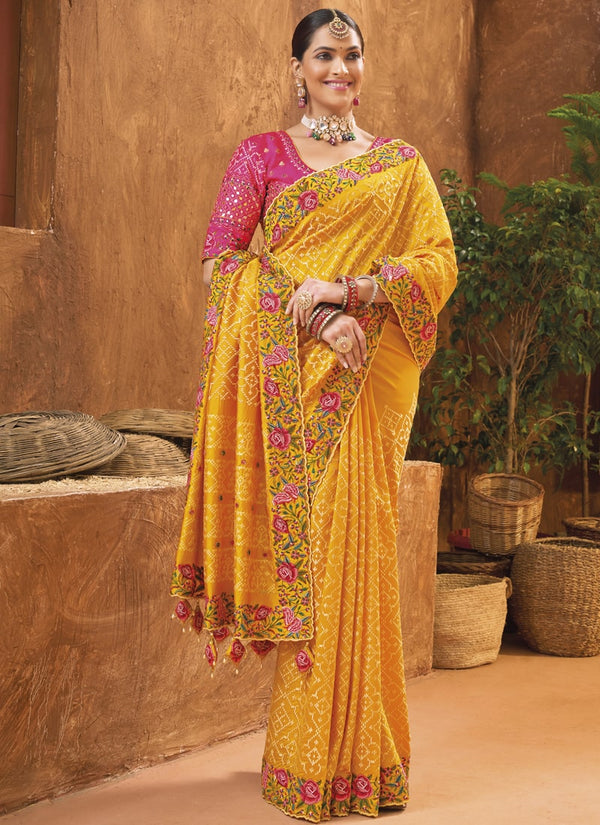 Lassya Fashion 0 Mustard Yellow Exquisite Banarasi Silk Saree with Intricate Kachhi Work