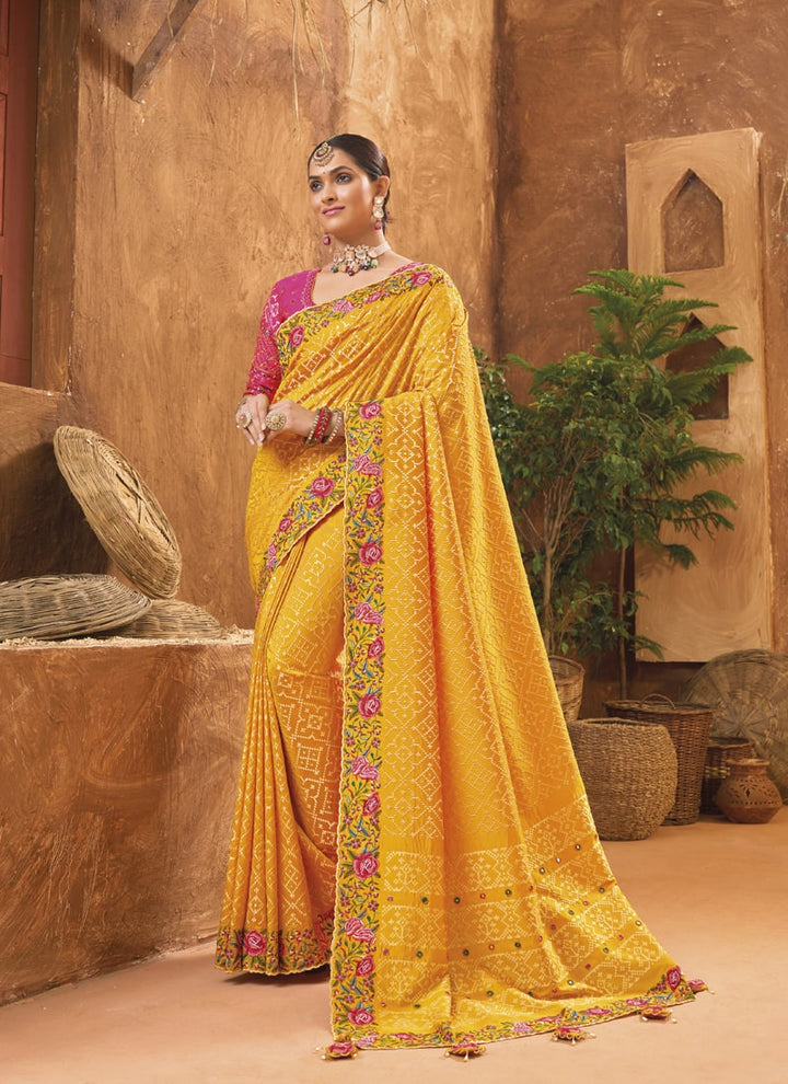 Lassya Fashion 0 Mustard Yellow Exquisite Banarasi Silk Saree with Intricate Kachhi Work