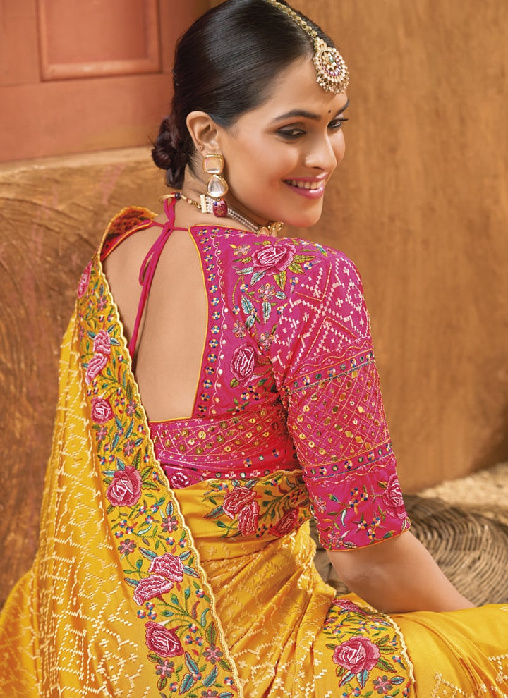 Lassya Fashion 0 Mustard Yellow Exquisite Banarasi Silk Saree with Intricate Kachhi Work