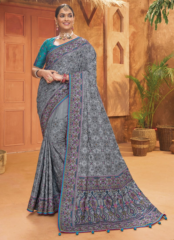 Lassya Fashion 0 Flint Grey Exquisite Banarasi Silk Saree with Intricate Kachhi Work