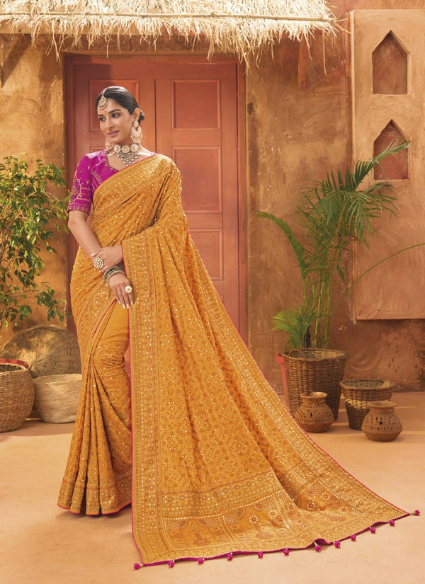 Lassya Fashion 0 Mustard Exquisite Banarasi Silk Saree with Intricate Kachhi Work