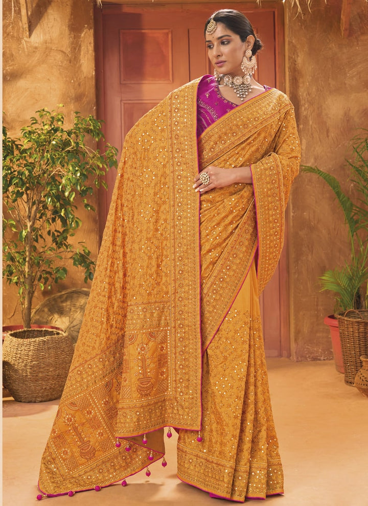 Lassya Fashion 0 Mustard Exquisite Banarasi Silk Saree with Intricate Kachhi Work