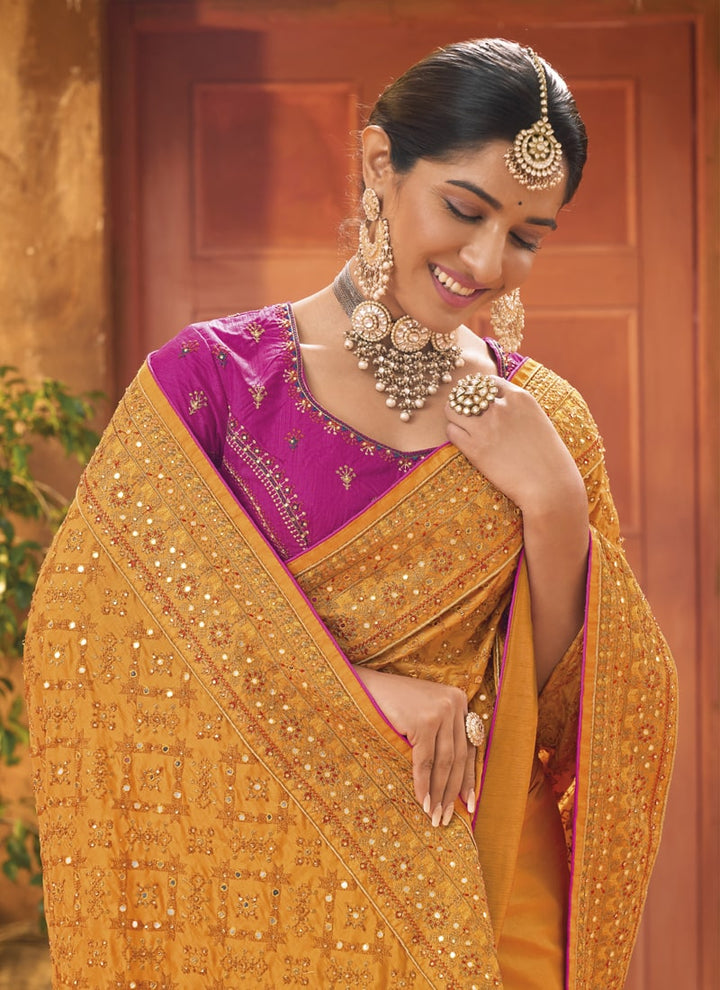 Lassya Fashion 0 Mustard Exquisite Banarasi Silk Saree with Intricate Kachhi Work