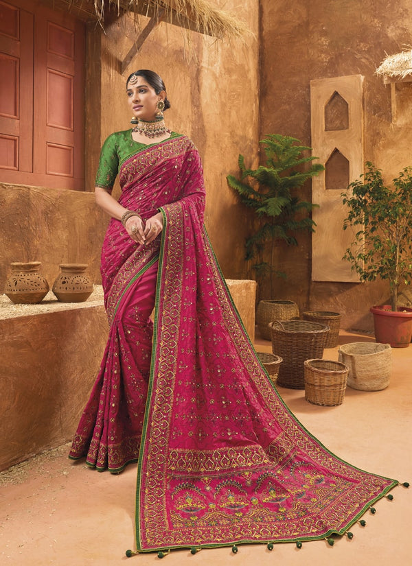 Lassya Fashion 0 Rani Pink Exquisite Banarasi Silk Saree with Intricate Kachhi Work