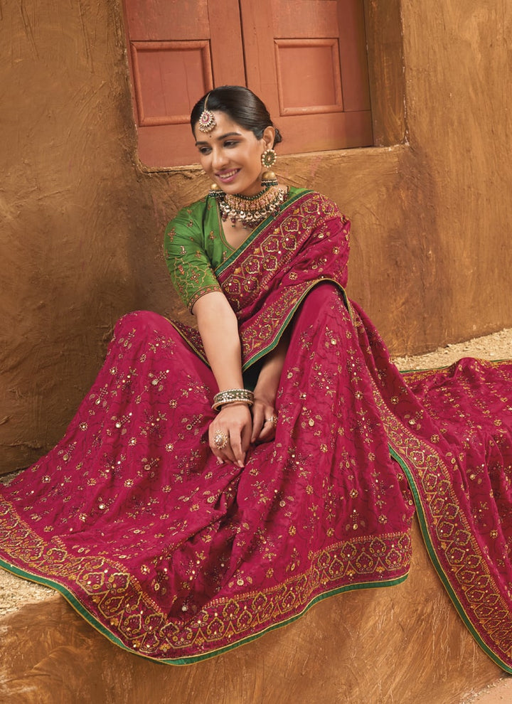 Lassya Fashion 0 Rani Pink Exquisite Banarasi Silk Saree with Intricate Kachhi Work