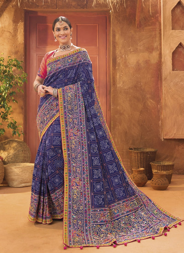Lassya Fashion 0 Midnight Blue Exquisite Banarasi Silk Saree with Intricate Kachhi Work