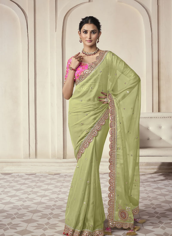 Lassya Fashion 0 Pista Green Exquisite Wedding Wear Organza Saree with Intricate Work