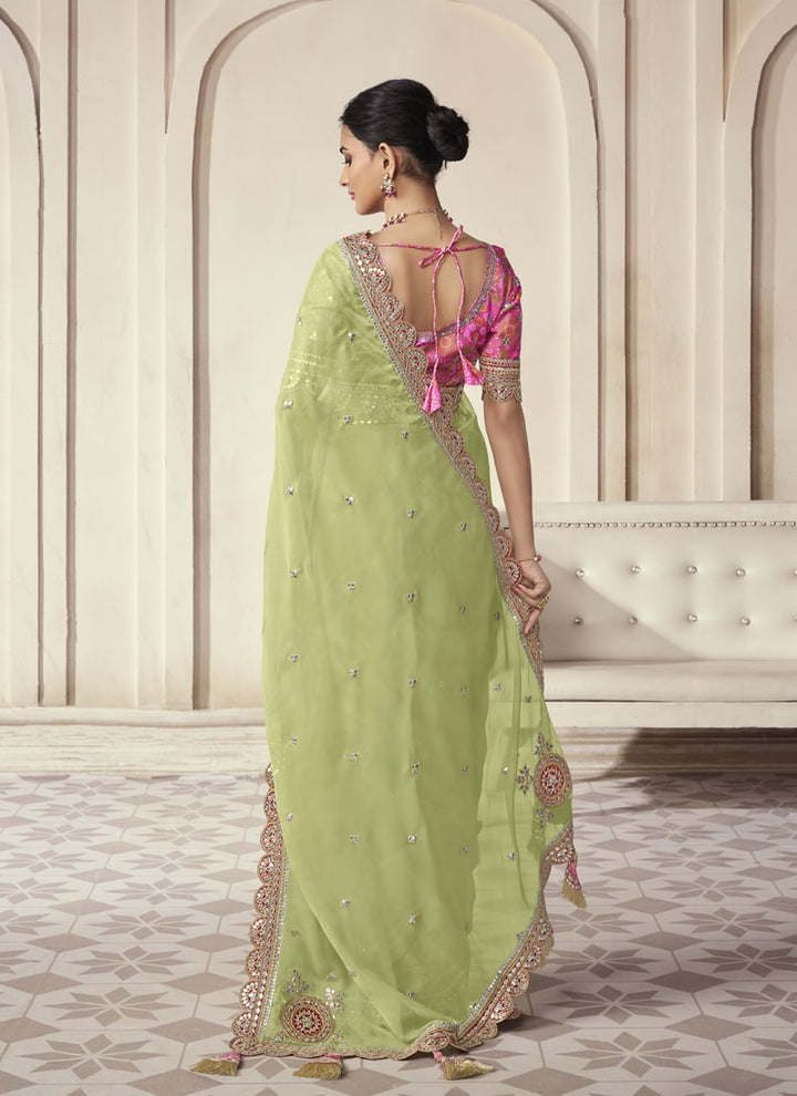 Lassya Fashion 0 Pista Green Exquisite Wedding Wear Organza Saree with Intricate Work
