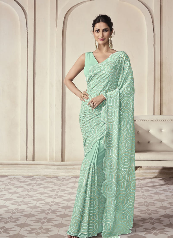 Lassya Fashion 0 Sea Green Exquisite Wedding Wear Organza Saree with Intricate Work