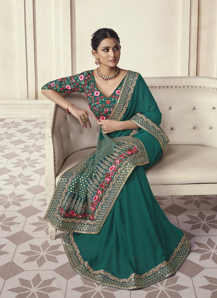 Lassya Fashion 0 Spartan Green Exquisite Wedding Wear Organza Saree with Intricate Work