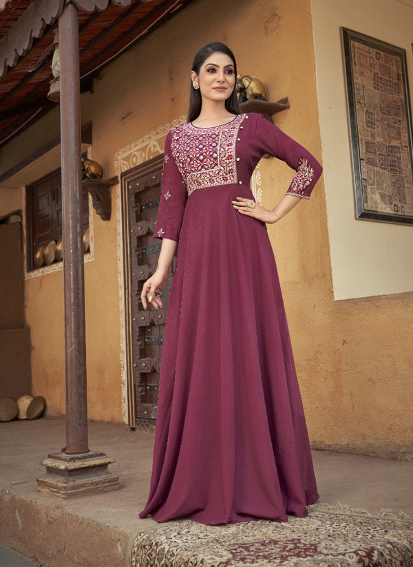 Wine Brown Partywear Heavy Muslin Gown with Heavy Embroidered Work