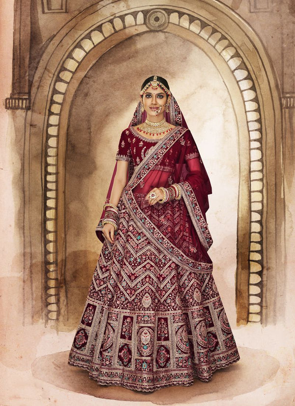 Designer Garnet Maroon Velvet Bridal Lehenga Choli with Soft Net Dupatta