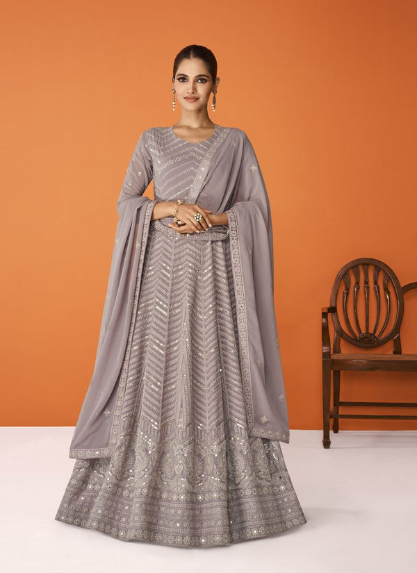 Trendy Georgette Embroidery Work Grey Party Wear Gown