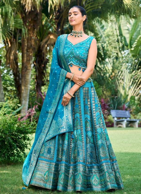 Lassya Fashion Turquoise Blue Banarasi Silk Jacquard Lehenga Set with Handwork