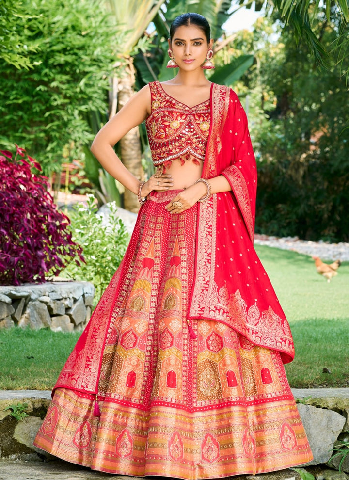 Lassya Fashion Cherry Red Banarasi Silk Jacquard Lehenga Set with Handwork
