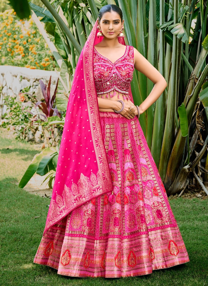 Lassya Fashion Magenta Pink Banarasi Silk Jacquard Lehenga Set with Handwork