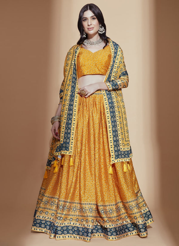 lassya Fashion Amber Yellow Designer Printed Chinon Lehenga Choli Set