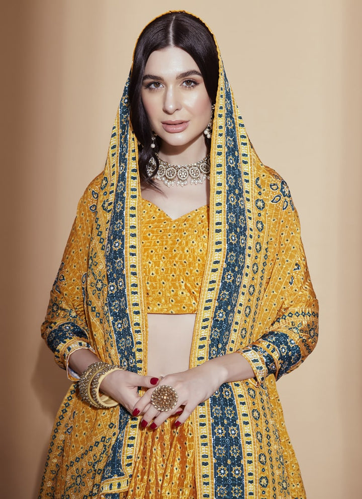 lassya Fashion Amber Yellow Designer Printed Chinon Lehenga Choli Set