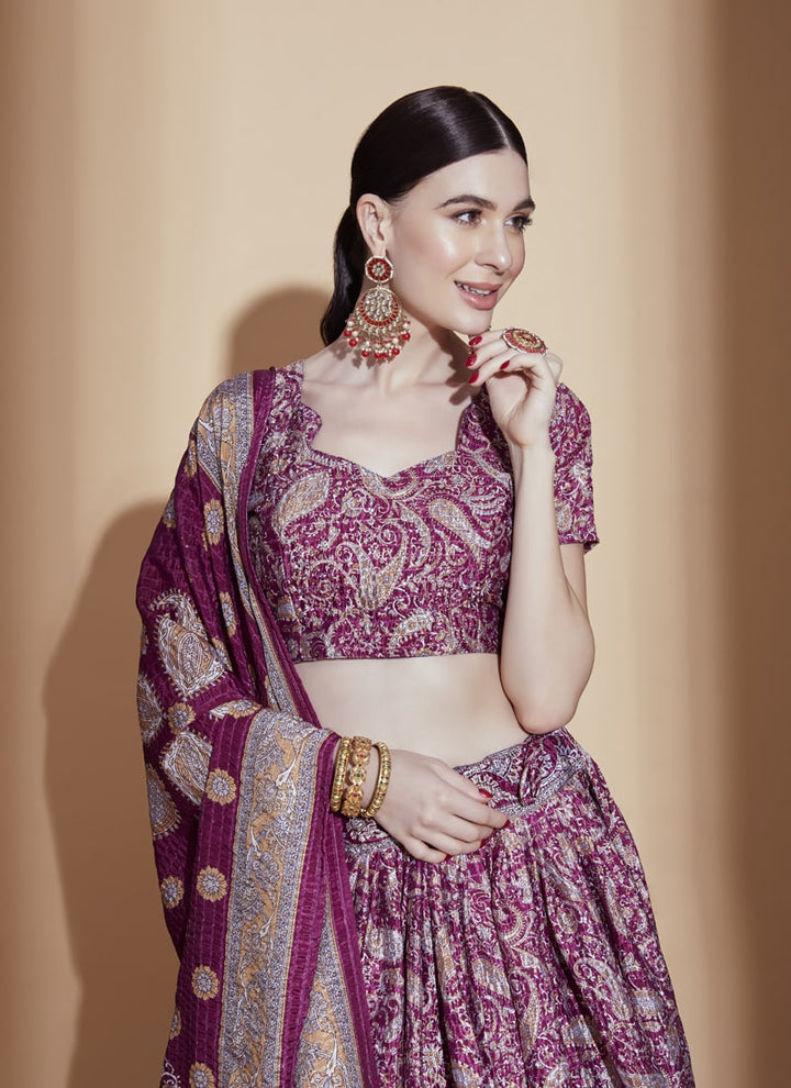 lassya Fashion Purple Wine Designer Printed Chinon Lehenga Choli Set